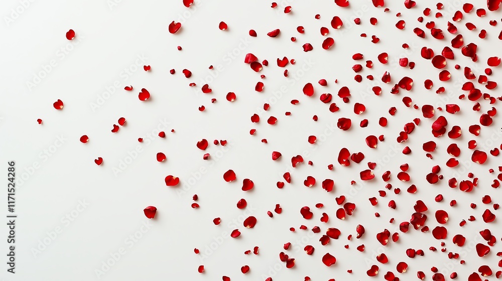 Scattered red rose petals create a romantic and elegant ambiance on a white surface. Scattered red rose petals create a romantic and elegant ambiance on a white surface.