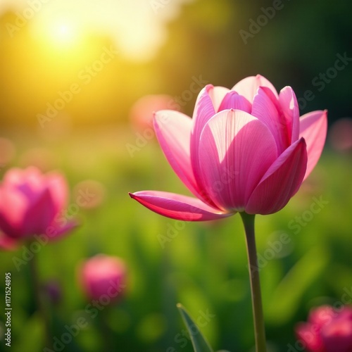 Soft pink petals unfolding in the warm sunlight, landscape, garden