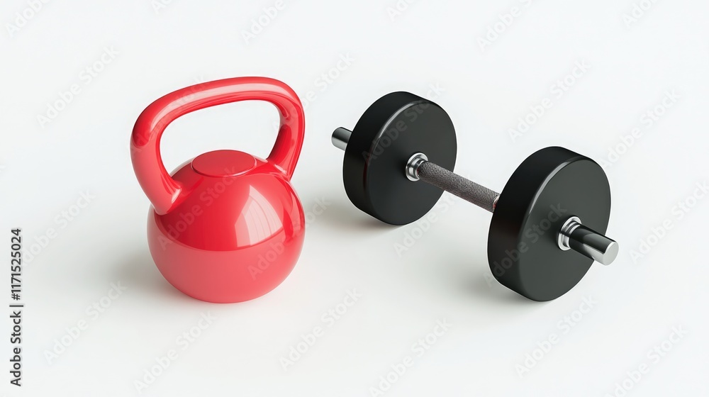 Red Kettlebell and Black Dumbbell on White Background Red Kettlebell and Black Dumbbell on White Background