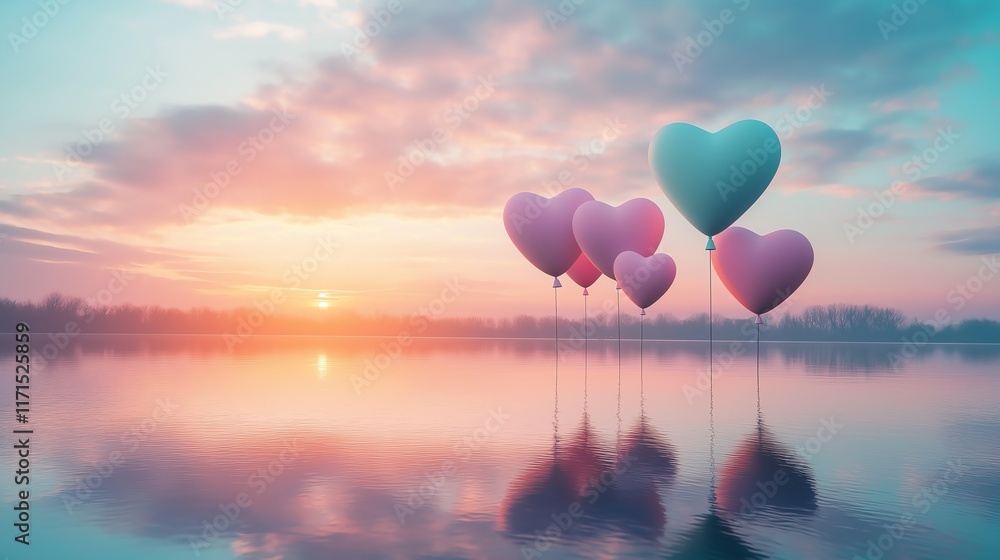 Fototapeta premium Colorful heart-shaped balloons floating over a serene lake at sunset.