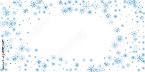 Snowflakes. Snow, snowfall. Falling scattered blue snowflakes on a white background.