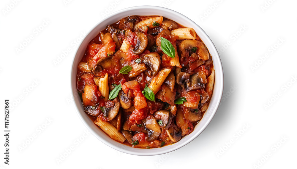Penne Arrabbiata with mushroom chilli, garlic, tomato sauce, top view Penne Arrabbiata with mushroom chilli, garlic, tomato sauce, top view