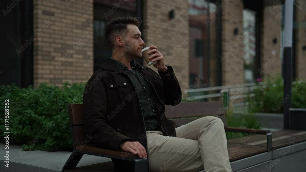 Happy relaxed young man sitting on city bench savoring cup of coffee enjoying pleasant atmosphere of urban environment at daytime. Male resting outside by brick building. Concept of urban lifestyle. Happy relaxed young man sitting on city bench savoring cup of coffee enjoying pleasant atmosphere of urban environment at daytime. Male resting outside by brick building. Concept of urban lifestyle.