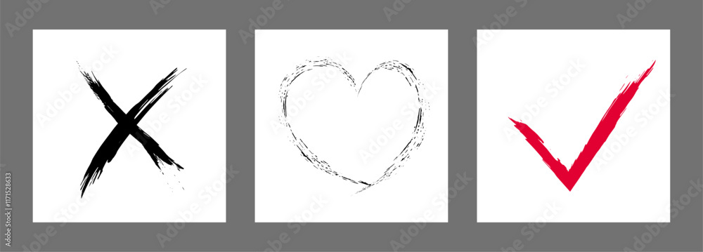 The cross, heart and OK symbol are hand-drawn with a brush. Prohibition, denial, error. Love. Approval, consent. Vector, set of 3 characters The cross, heart and OK symbol are hand-drawn with a brush. Prohibition, denial, error. Love. Approval, consent. Vector, set of 3 characters