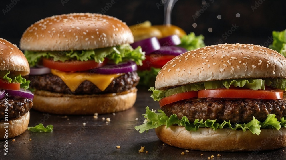 Juicy cheeseburgers with fresh toppings, ready to be devoured. A delicious close-up shot of mouthwatering burgers. Juicy cheeseburgers with fresh toppings, ready to be devoured. A delicious close-up shot of mouthwatering burgers.