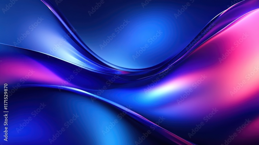 Fototapeta premium Abstract fluid waves, vibrant blue and pink gradients, smooth curves, glossy reflective surface, dynamic flow, ethereal lighting, futuristic design, digital art, high contrast, 3D render, ultra high d