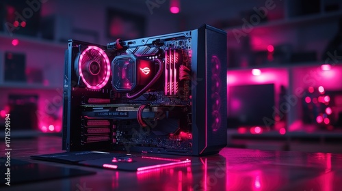 Pink-lit, open PC case, showcasing internal components. photo