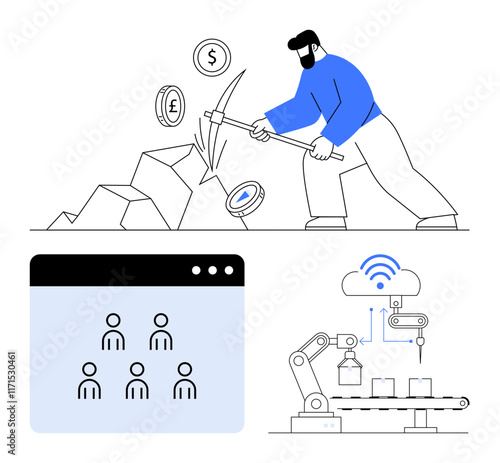 Miner extracting cryptocurrency with pickaxe, user management dashboard, robotic arm on smart production line. Ideal for technology, cryptocurrency, automation, IoT, blockchain, industry innovation