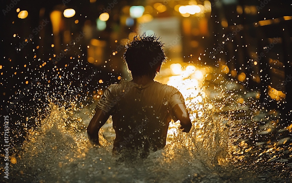 Obraz premium Boy running through floodwater at night, back view.