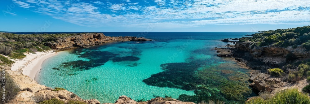 Obraz premium A beautiful blue ocean with a sandy beach. The water is calm and clear. The sky is blue and there are no clouds