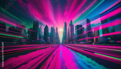 Abstract, futuristic city of concrete and neon. Night city view, illumination. Dark street, abstract scene, neon rays