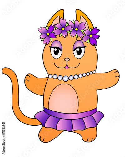 Cute, red, dancing cat in a wreath of purple flowers and a ballet tutu. Kitty ballerina vector full color picture. Red-haired cat girl in purple dancing. Cute cartoon cat dancer.	