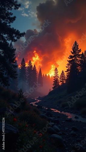 Warm orange flames dance across darkening sky as wildfire rages in woods, forest, orange, woods photo