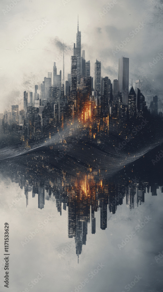 Fototapeta premium surreal cityscape reflecting on water, showcasing towering skyscrapers and glowing lights