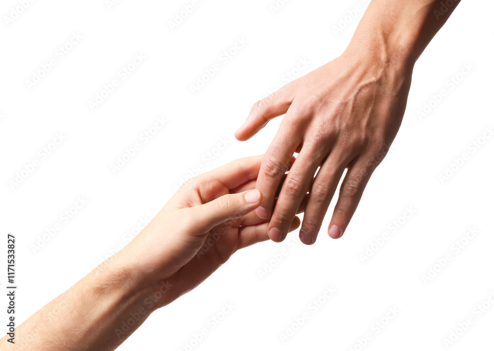 Man reaching for helping hand on white background, closeup Man reaching for helping hand on white background, closeup