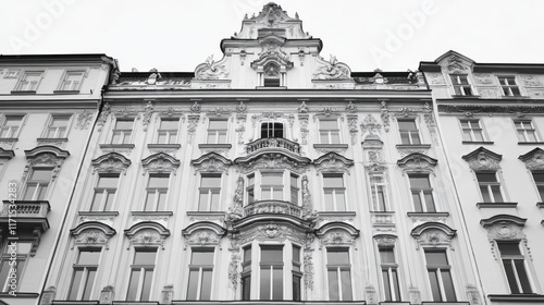 Ornate architectural details of historic building in black and white