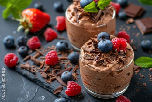 Chocolate mousse with fresh berries photo