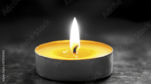 close up of candle flame illuminating warm glow in darkness