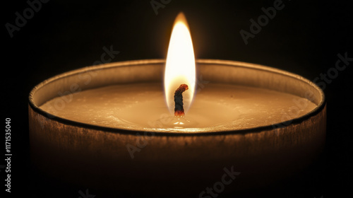 close up of candle flame illuminating warm glow in darkness