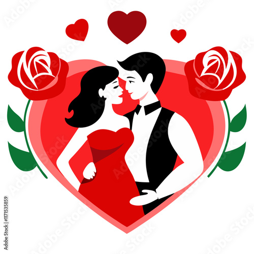 Romantic feelings embodied through red roses, red hearts, and a loving couple celebrating Valentine's Day. A perfect symbol of love, affection, and togetherness for this special holiday.