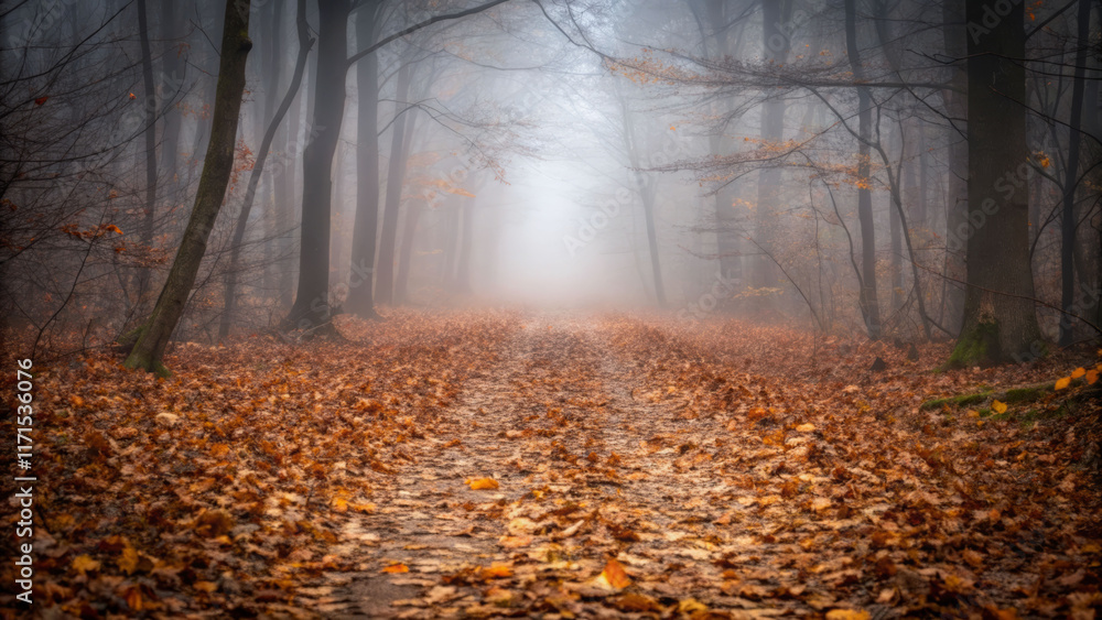 Obraz premium Solitude in a fog-shrouded forest path covered in fallen leaves nature landscape tranquil environment serene viewpoint