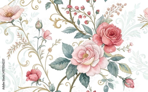 Watercolor Rococo Revival floral artwork with blooming pink roses, swirling golden vines, and delicate green leaves. Ideal for luxurious textiles, wallpapers, and vintage aesthetics. Trend 2025. photo