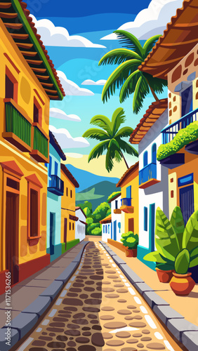 A picturesque view looking down a cobblestone street lined with modest one-floor colonial Latino houses.