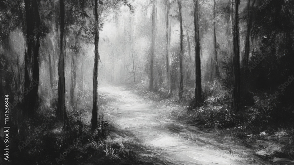 Misty forest path with tall trees creating serene atmosphere Misty forest path with tall trees creating serene atmosphere