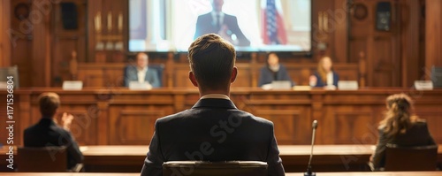 A lawyer presenting arguments in a virtual courtroom, showcasing the use of technology in legal proceedings.