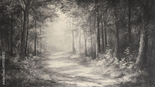 misty forest path surrounded by tall trees creates serene atmosphere