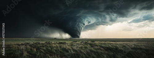 A dramatic capture of a powerful tornado touching down in a flatland prairie landscape during a storm, Tornado touchdown scene, Dramatic style photo