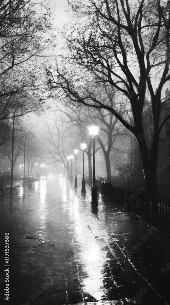 quiet street at dawn, illuminated by soft light, with wet pavement and bare trees