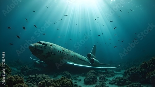 Sinking airplane wreckage illuminated by sunbeams in deep ocean waters surrounded by marine life, ideal for disaster documentaries or underwater exploration visuals photo