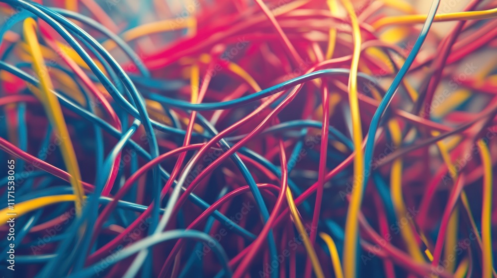 Close-up of tangled colorful wires, red, blue, yellow, creating abstract texture. Close-up of tangled colorful wires, red, blue, yellow, creating abstract texture.