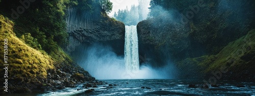 A dramatic capture of a powerful waterfall plunging into a misty canyon in a pristine wilderness, Waterfall canyon scene, Dramatic style photo