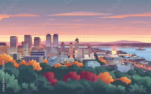 Vector art of Mumbai's marvels with a breathtaking sunset cityscape, featuring iconic landmarks, lively streets, and a vibrant skyline glowing in warm orange and pink hues by the Arabian Sea