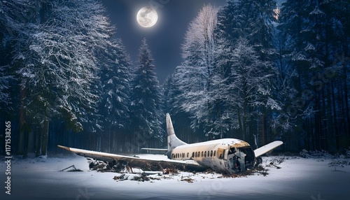 Snow-covered forest illuminated by eerie moonlight revealing a crashed airplane, ideal for horror game visuals or haunting survival themes photo