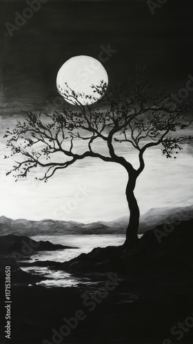 striking black and white silhouette of tree against full moon, creating serene atmosphere