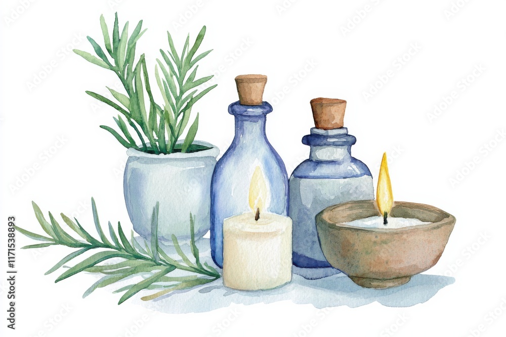 Watercolor herbal essence tranquil setting artistic composition warm atmosphere close-up view, isolated on white background Watercolor herbal essence tranquil setting artistic composition warm atmosphere close-up view, isolated on white background