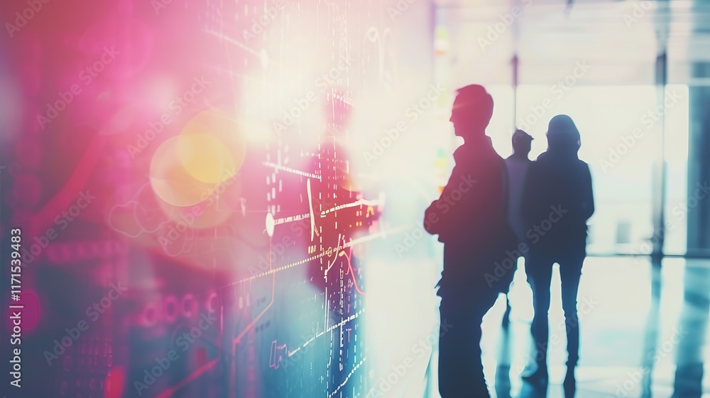 Obraz premium Silhouetted figures analyzing data on a large screen.