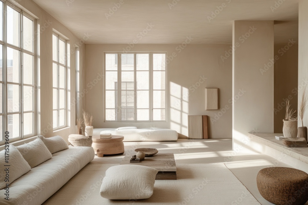 Obraz premium A serene minimalist living room boasts clean lines, neutral hues, and plenty of natural light from large windows