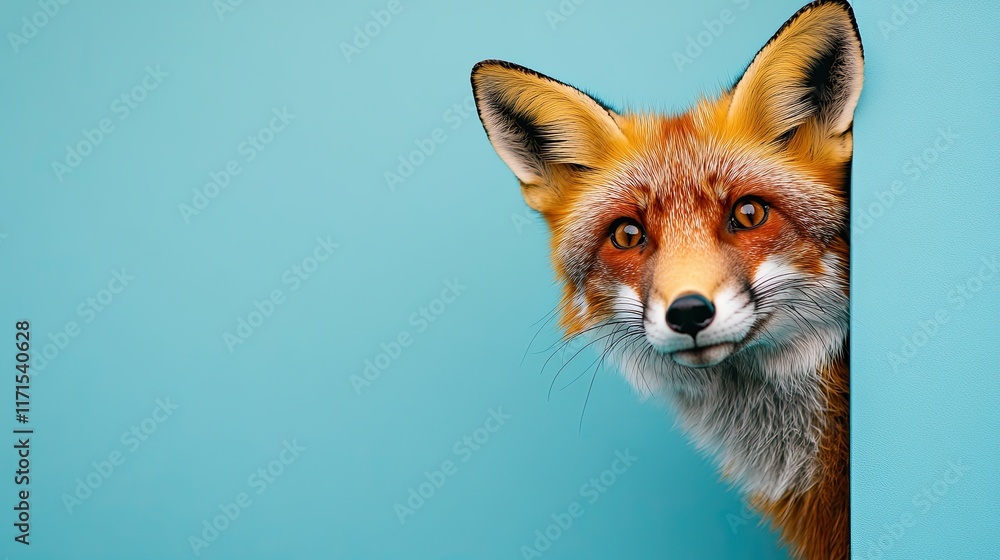 Fototapeta premium a cautious fox peeks out from around the corner of a blue background with copy space. Close-up.
