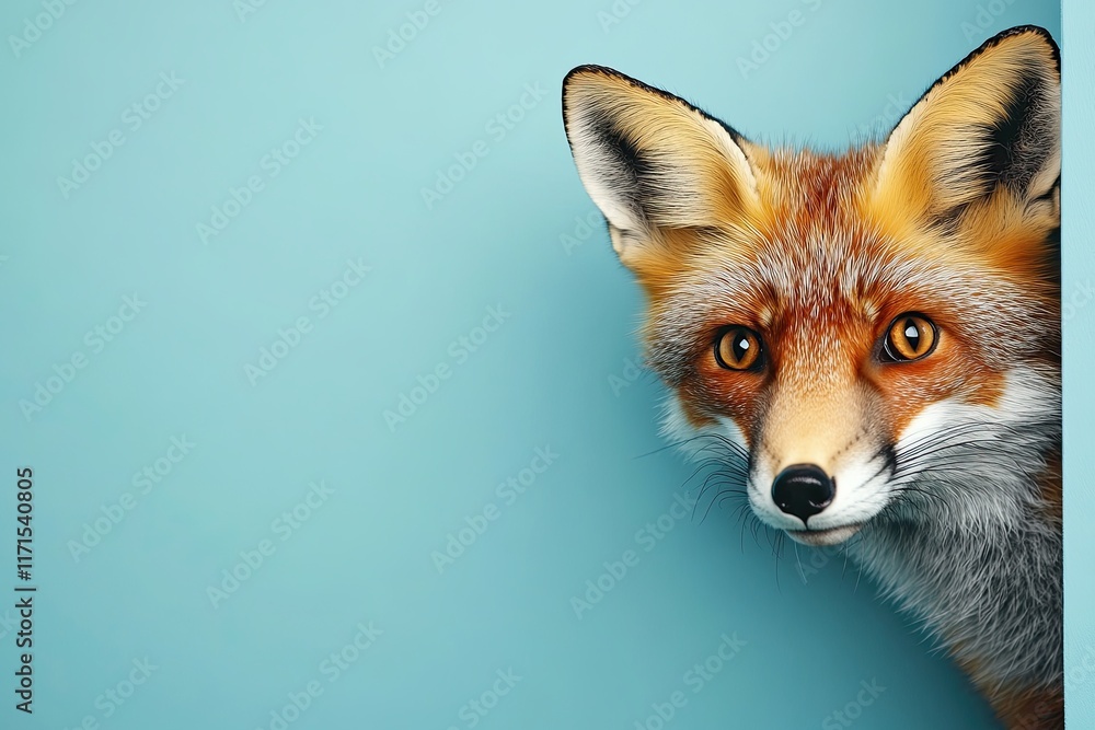 Fototapeta premium a cautious fox peeks out from around the corner of a blue background with copy space. Close-up.
