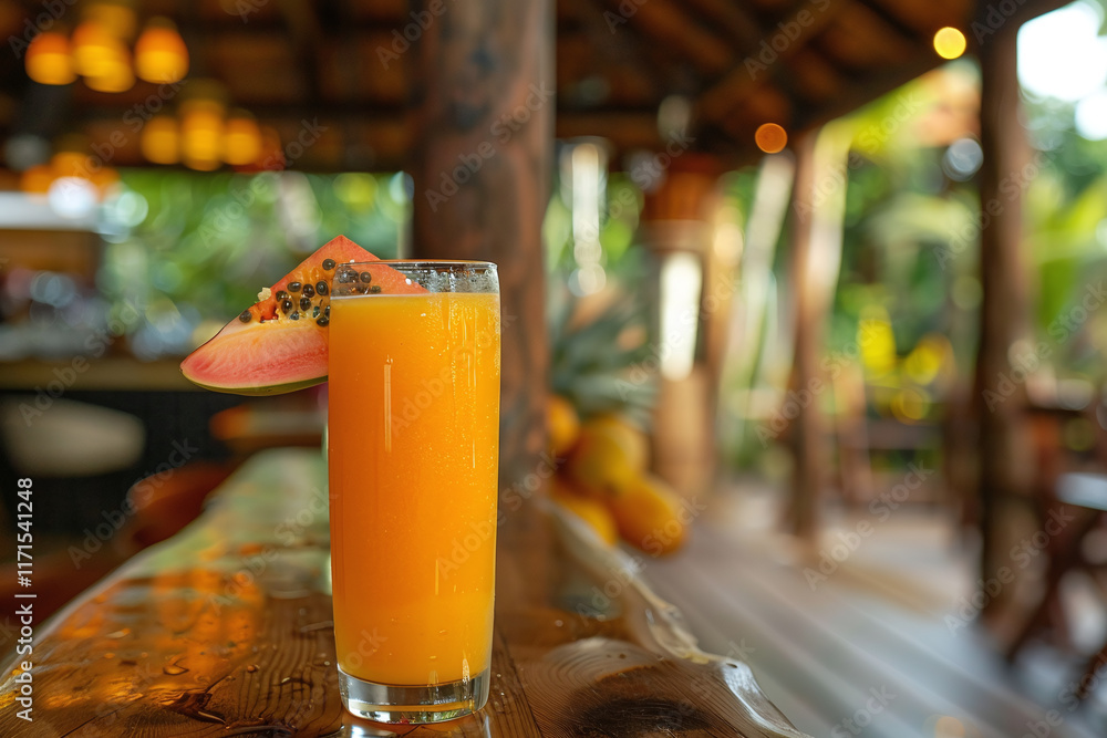 Fototapeta premium Refreshing Papaya Juice in a Glass with Fresh Papaya Slices, Mint Garnish, and Tropical Beverage with Papaya Seeds