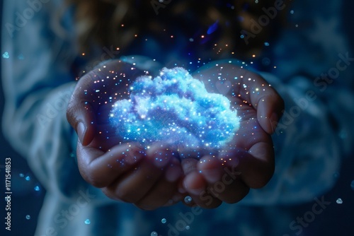 A person displays a radiant digital cloud icon symbolizing cloud computing in a tech infused setting photo