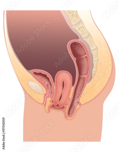 Illustration showing pelvic organs with uterine prolapse in female anatomy, uterus protrudes from normal position