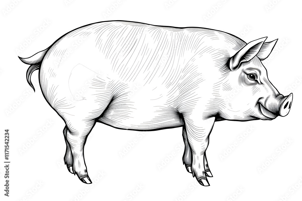 Fototapeta premium A detailed black and white illustration of a pig, showcasing intricate line work and shading. Isolated white background.