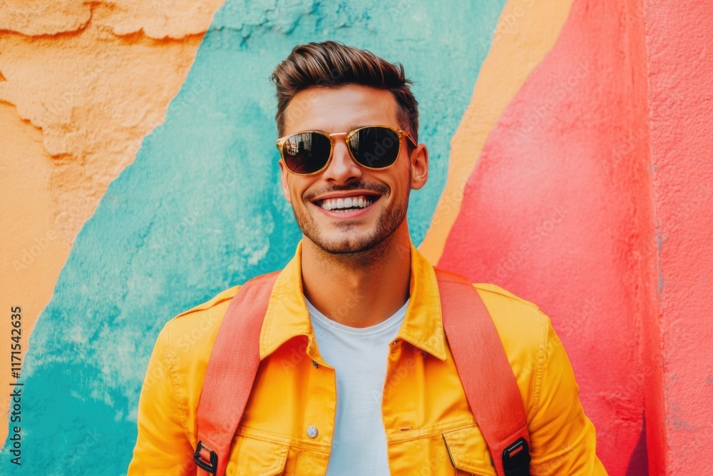Obraz premium Smiling man with sunglasses stands in front of a vibrant, colorful wall in a sunny urban environment