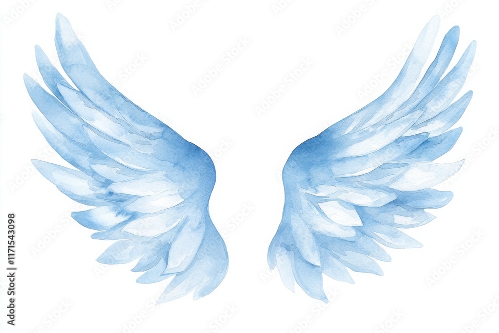 Fototapeta premium Delicate watercolor wings illustrations ethereal art dreamy aesthetic soft blue hues, isolated on white background