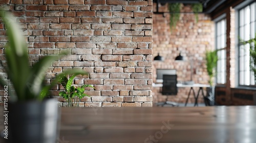 Modern office with exposed brick wall and plants